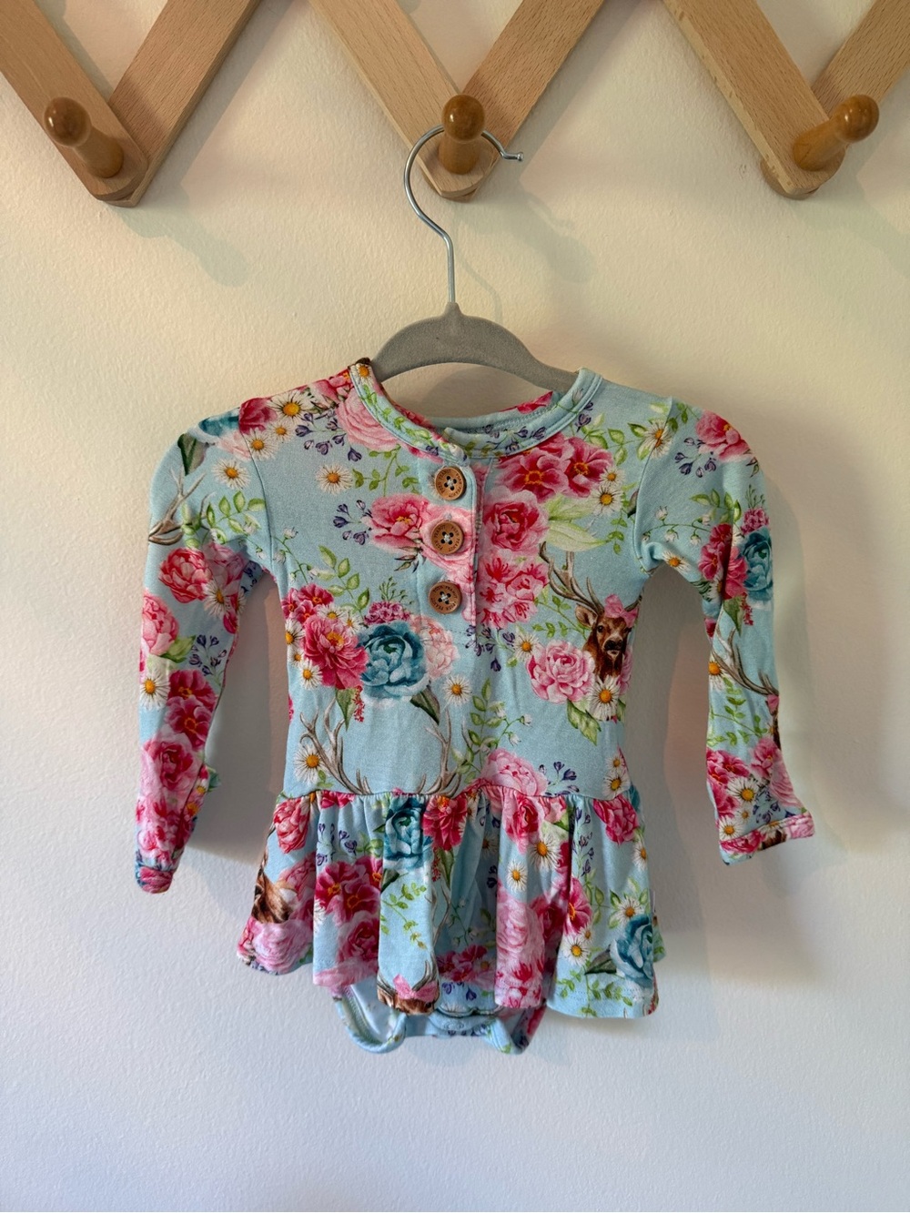 Posh Peanut Twirl Floral Long Sleeve bodysuit  - Blue with Pink Roses